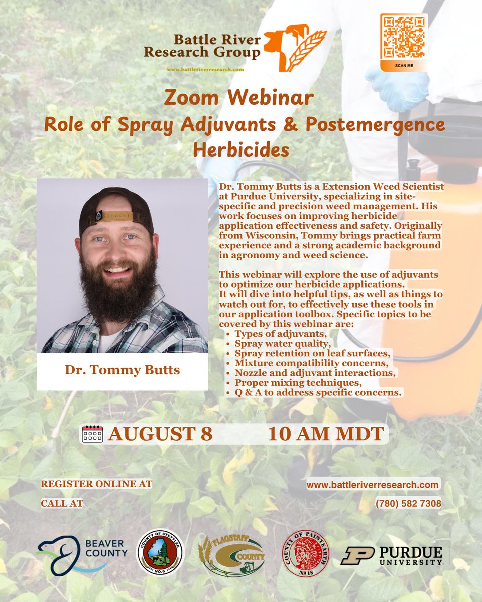 🎯 Make Every Spray Count!
Join us for a Zoom webinar on August 8 at 10 AM with Dr. Tommy Butts (Purdue University) as we explore how adjuvants can optimize herbicide applications.

💡 What you’ll learn:
• Types of adjuvants
• Spray water quality
• Leaf surface retention
•