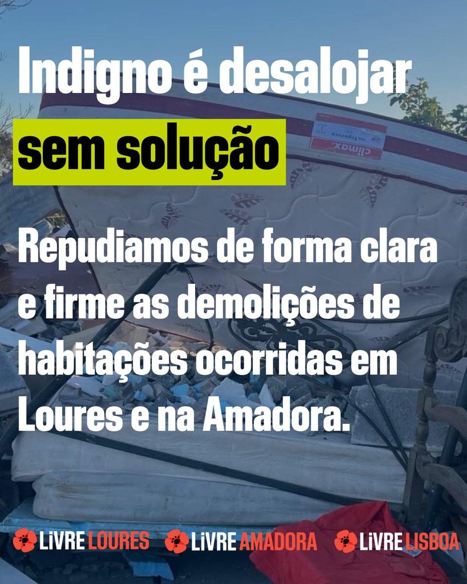 O LIVRE Amadora, Loures e Distrital de Lisboa repudiam as demolições de habitações ocorridas recentemente em ambos os concelhos por terem deixado dezenas de famílias sem casa, sem alternativas e sem algumas respostas concretas e imediatas por parte das autarquias e do Estado.
