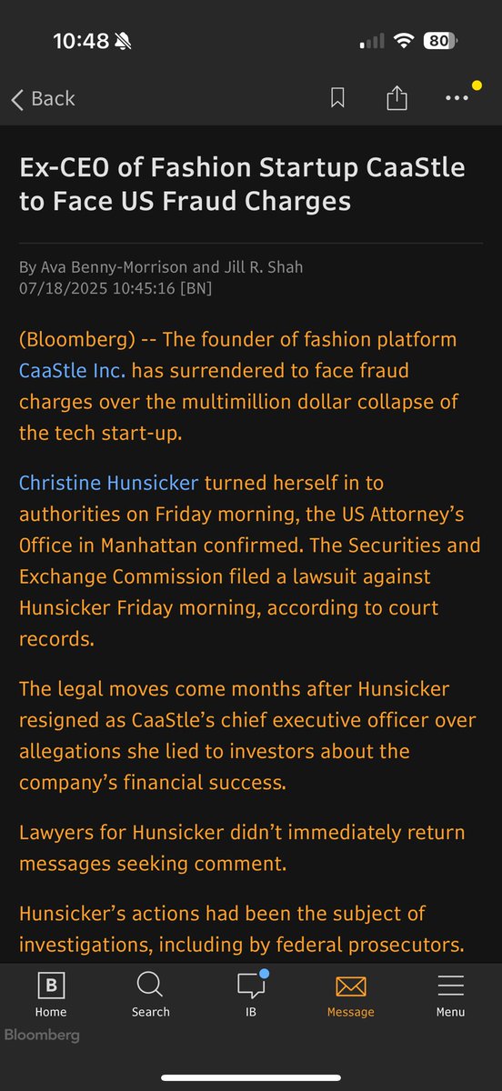 Some breaking news w/ <a href="/jillrshah/">Jill R. Shah</a> - Christine Hunsicker, the ex CEO of fashion platform CaaStle, has surrendered to US authorities this morning to face criminal charges. Follows the collapse of her tech startup earlier this year. <a href="/business/">Bloomberg</a>