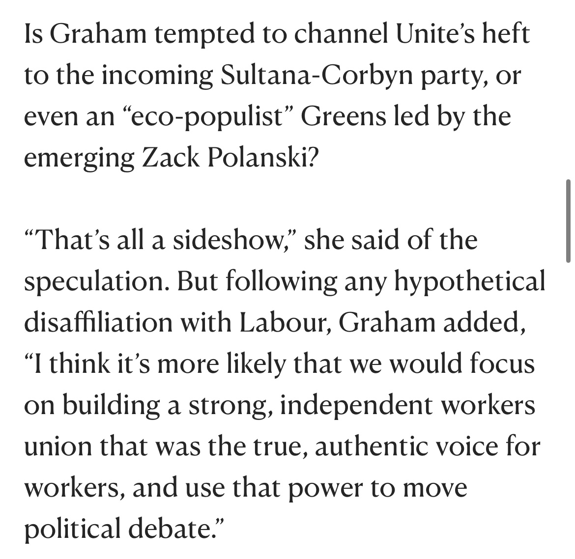 Unite’s Sharon Graham not exactly ruling out giving all their money to Jeremy Corbyn or even Zack Polanski in this interview with <a href="/NewStatesman/">The New Statesman</a>’s <a href="/HarryClrke/">Harry Clarke-Ezzidio</a>