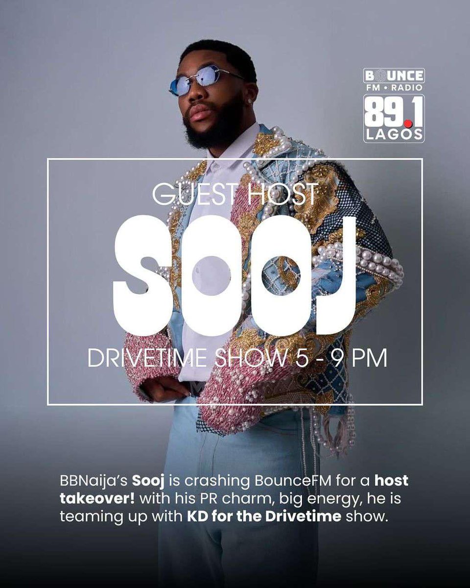 Sooj (@sooj_official) on Twitter photo Big vibes only on your airwaves! ๐๐๏ธ
I'm taking over the Drivetime Show on Bounce FM 89.1 Lagos from 5โ9PM today!
Catch me and <a href="/0fficialKD/">KDEEZUS44DB</a> serving energy, charm, and bants.
Tune in and letโs ride home together.
#SoojOnAir #BounceFM #DrivetimeWithSooj Big vibes only on your airwaves! ๐๐๏ธ
I'm taking over the Drivetime Show on Bounce FM 89.1 Lagos from 5โ9PM today!
Catch me and <a href="/0fficialKD/">KDEEZUS44DB</a> serving energy, charm, and bants.
Tune in and letโs ride home together.
#SoojOnAir #BounceFM #DrivetimeWithSooj