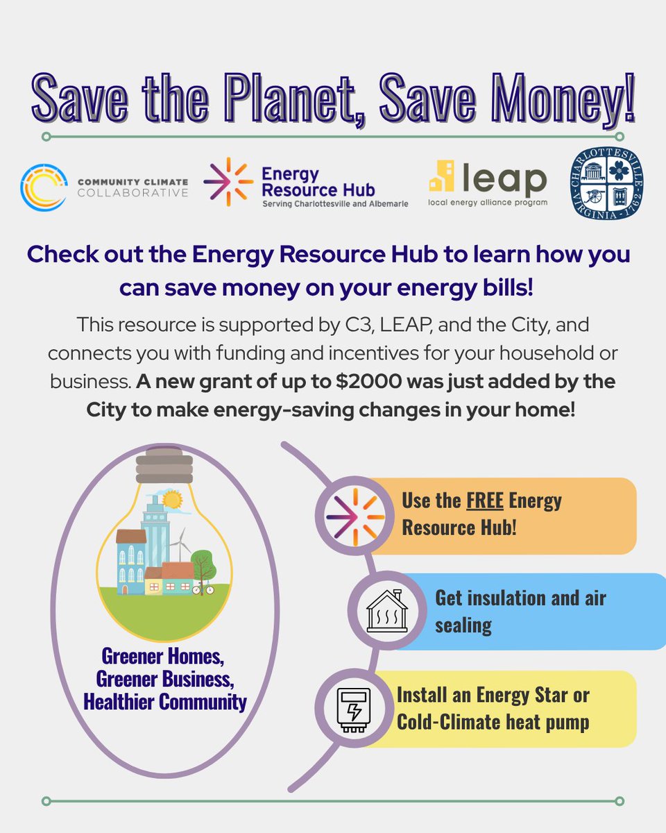 c3climate's tweet image. As energy costs continue to rise across the country, the City of CVille and LEAP have partnered to offer the Residential Retrofit Mini-Grants, providing up to $ 2,000 to all Charlottesville residents to make energy-saving changes in their homes.
Visit at: charlottesville.gov/1916/Residenti…