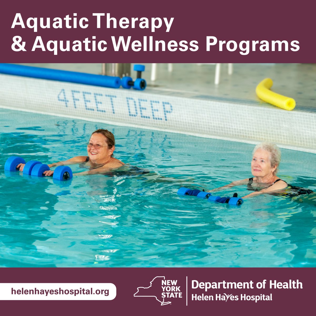 From group classes and open pool memberships to one-on-one therapy and exercise sessions, our Aquatic Therapy &amp; Aquatic Wellness Programs offer a wide variety of options for individuals looking to reap the benefits of warm water immersion.
Learn more: helenhayeshospital.org/aquatics.