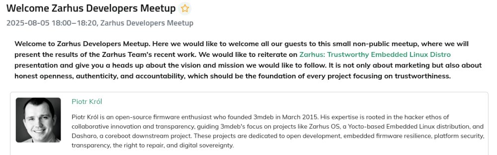 Zarhus_com's tweet image. Zarhus Developers Meetup #2 will start with an introduction by @pietrushnic, who will explain what Zarhus is, its goals, how it connects to @3mdeb_com products, and the current status of its mission & vision.
👉 events.dasharo.com/event/6/zarhus…