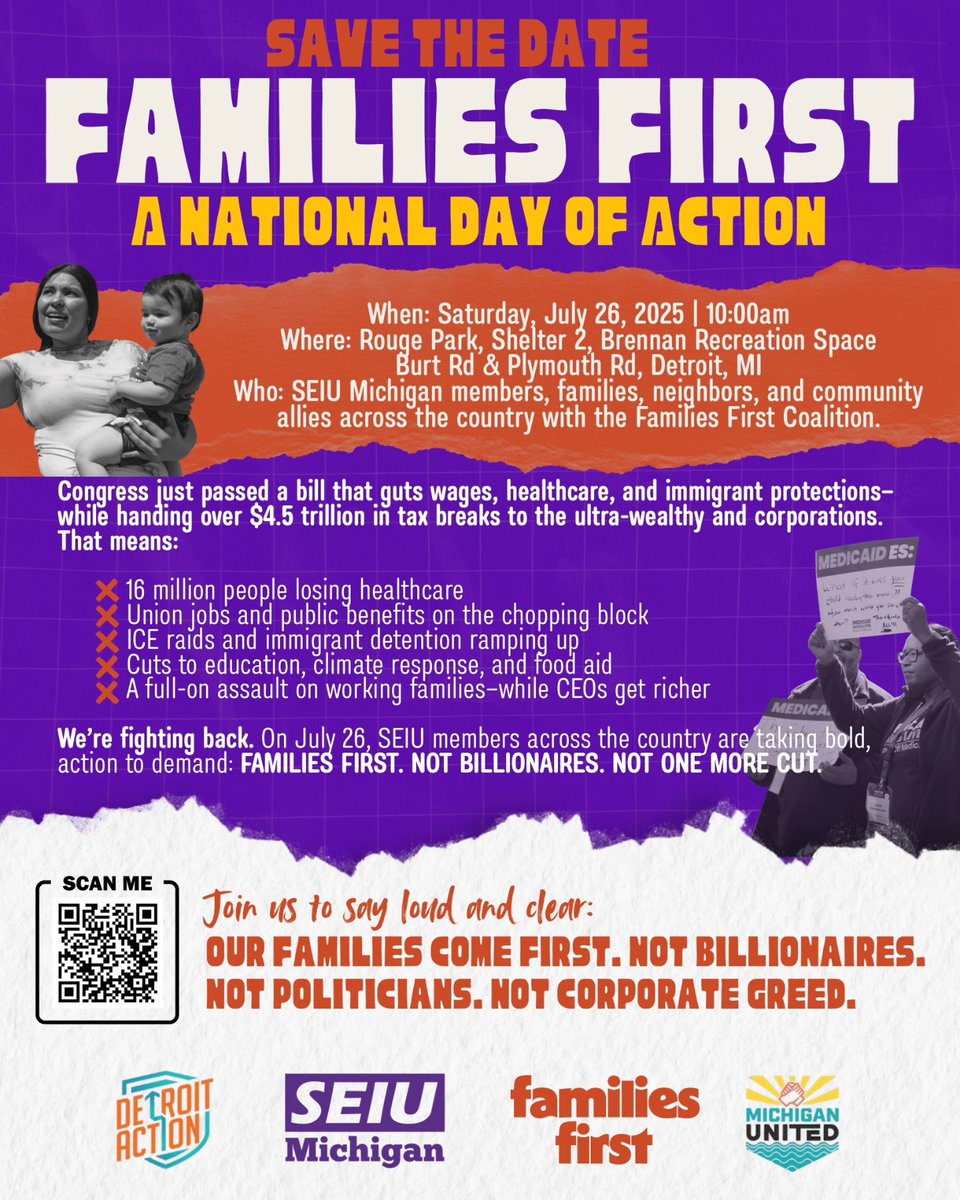 SEIULocal1's tweet image. On July 26 @SEIU members and allies across the country will take part in the #FamiliesFirst Day of Action—a national mobilization to defend care, safety, education, and dignity for all families. To find an action near you, see: tinyurl.com/FamiliesFirst1