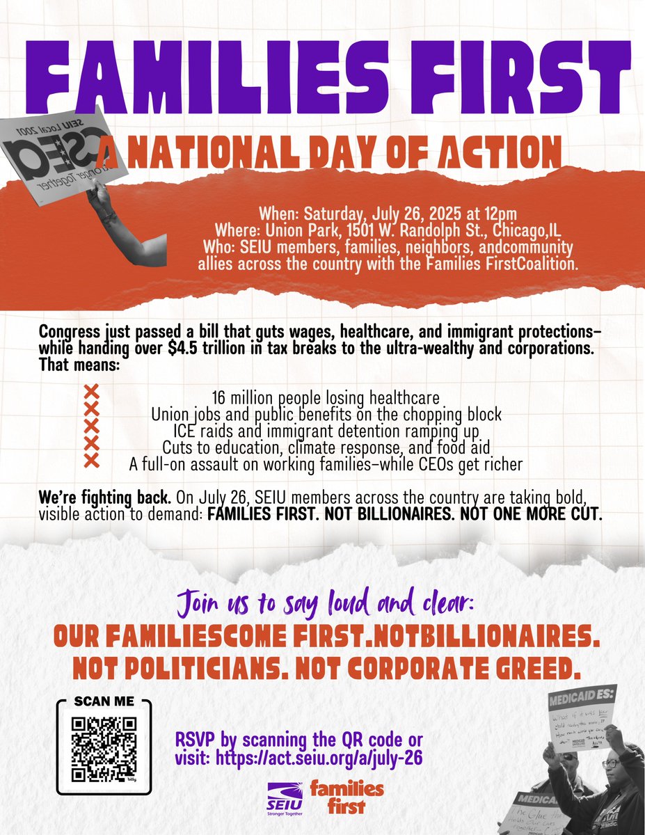 SEIULocal1's tweet image. On July 26 @SEIU members and allies across the country will take part in the #FamiliesFirst Day of Action—a national mobilization to defend care, safety, education, and dignity for all families. To find an action near you, see: tinyurl.com/FamiliesFirst1
