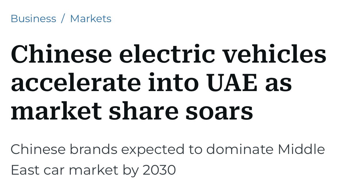 chinainmena's tweet image. “The UAE is witnessing a significant influx of advanced electric vehicles from China, with brands like BYD, Geely, Chery, MG, and Deepal leading the charge. The trend aligns with a recent analysis by global consulting firm AlixPartners, which predicts that Chinese automotive…