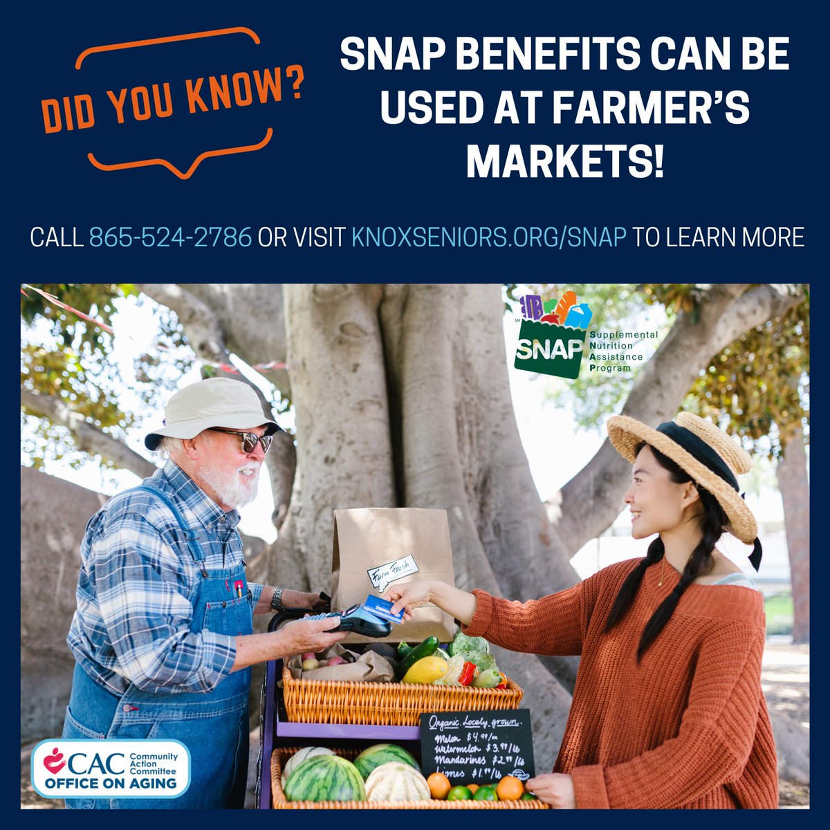 Did you know that SNAP benefits can be used at the farmer's market? If you're 60+ and are interested in learning more about SNAP benefits, visit knoxseniors.org/snap/ or give us a call at 865-546-6262. #SNAP #Knoxville #Food #Nutrition #FarmerksMarket