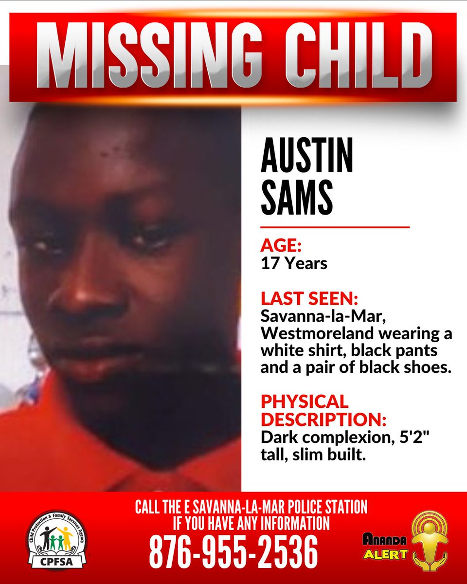 cpfsajm's tweet image. #AnandaAlert #FindAustin
Austin Sams, a 17-year-old from Savanna-la-Mar, Westmoreland, has been reported missing. He was last seen on Monday, July 14, 2025.
If you have any information that could assist in his safe return, contact the Savanna-la-Mar Police or the CPFSA.