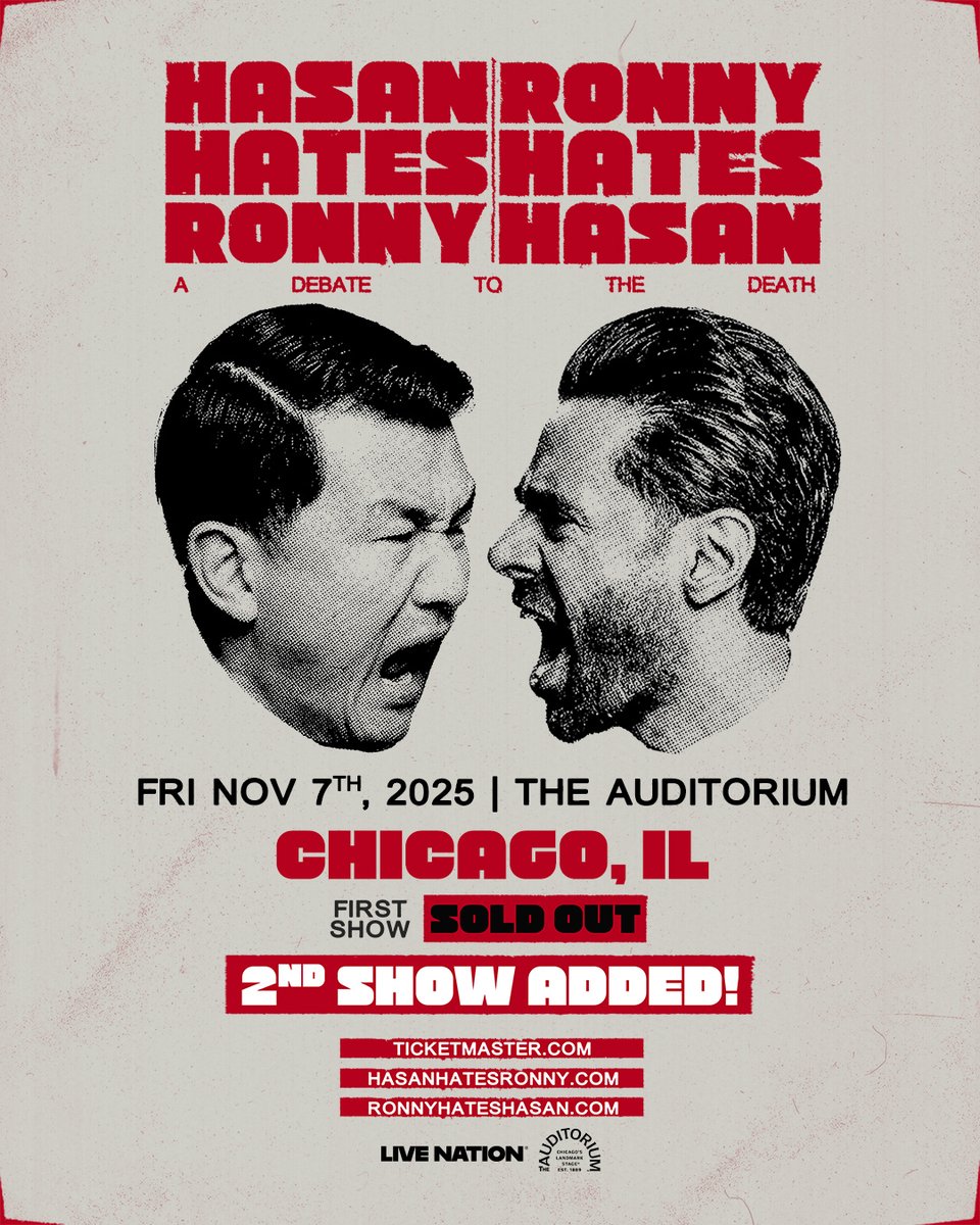 Live Nation Chicago (@livenationil) on Twitter photo 🚨 LATE SHOW ADDED 🚨
Early show is sold out! Due to overwhelming demand, <a href="/hasanminhaj/">Hasan Minhaj</a> and <a href="/ronnychieng/">Ronny Chieng</a> have added a late show at <a href="/AuditoriumChgo/">Auditorium Theatre</a> on November 7!
Tickets on sale today at 11AM!
Don't miss out 🎟️ livemu.sc/3TMiGVq 🚨 LATE SHOW ADDED 🚨
Early show is sold out! Due to overwhelming demand, <a href="/hasanminhaj/">Hasan Minhaj</a> and <a href="/ronnychieng/">Ronny Chieng</a> have added a late show at <a href="/AuditoriumChgo/">Auditorium Theatre</a> on November 7!
Tickets on sale today at 11AM!
Don't miss out 🎟️ livemu.sc/3TMiGVq