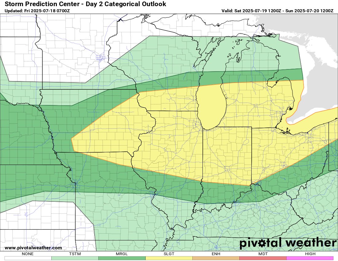 ChicagoMWeather's tweet image. 🚨🌪️ **Severe Tornado Risk for Illinois, Indiana, Michigan, Iowa, and Ohio on Saturday, July 19th** 🚨🌪️
**Timing:** 11 AM - 9 PM
**Details:** A Mesoscale Convective Vortex (MCV) is expected to move through the area, bringing supercells ahead of the main line of storms. This…