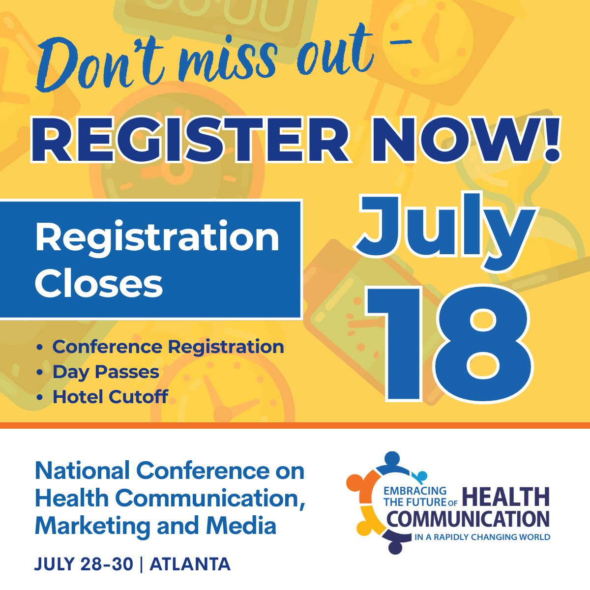 🚨 Last Chance! 🚨 Today is the FINAL day to register for NCHCMM!

📍 Join us July 28–30 in Atlanta, GA

🎟️ Register now: NCHCMM.org

Don’t miss your chance to be part of the nation’s premier public health communication event! 

#NCHCMM2025 #PublicHealth #HealthComm