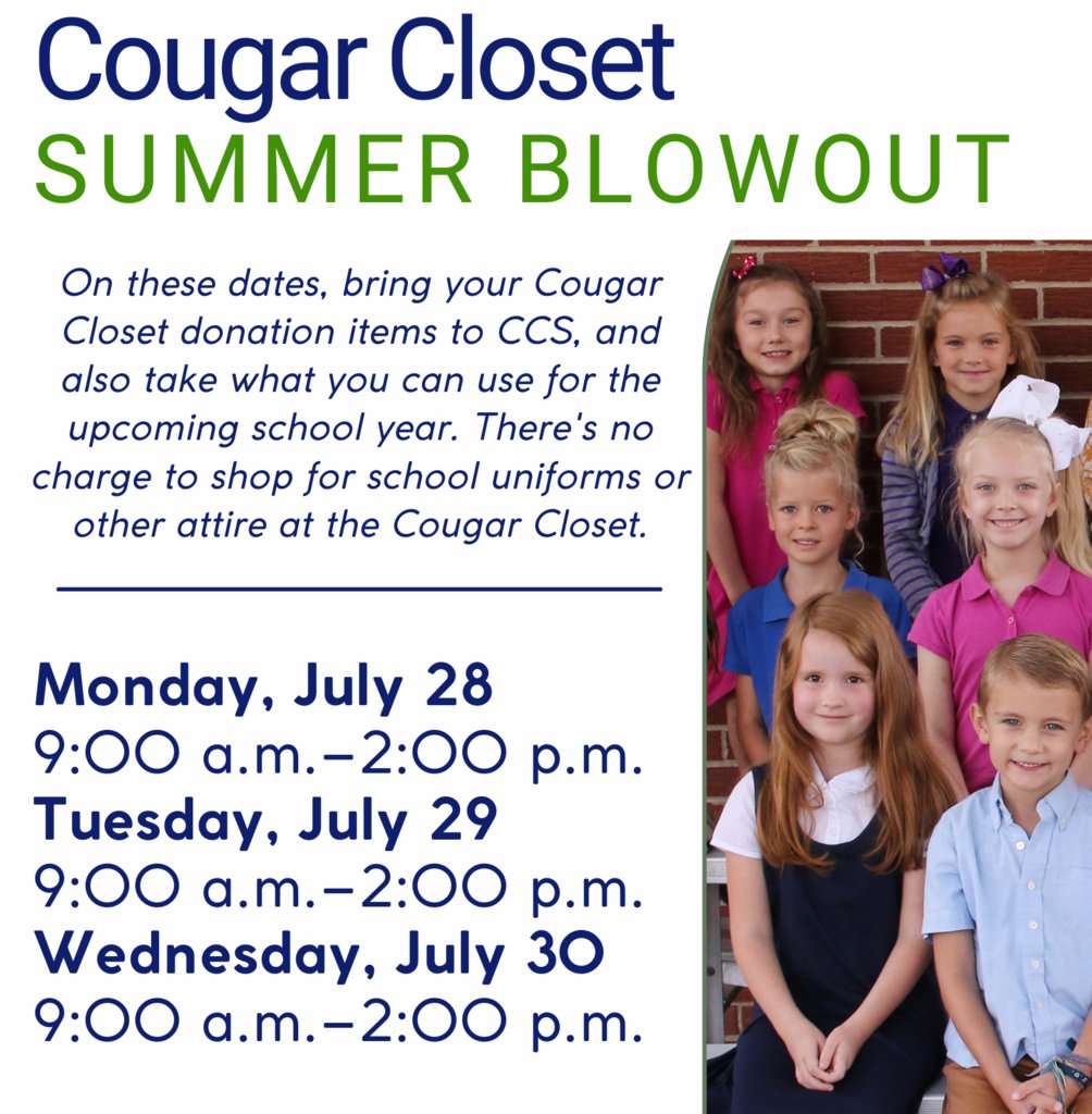 Mark your calendars for the K–5 Cougar Closet Summer Blowout on Monday, July 28–Wednesday, July 30.