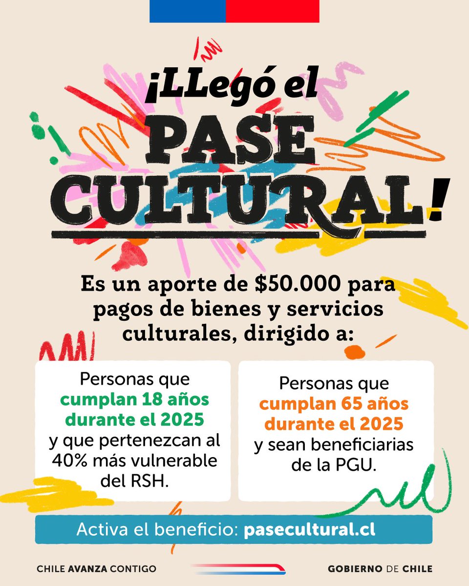 ¿Cumpliste o vas a cumplir 18 o 65 años en 2025? ¡Activa el #PaseCultural!

Si cumples con los requisitos, podrás acceder a este aporte de $50.000 para entradas al cine, teatro, conciertos y exposiciones, como también libros, artesanías y mucho más.

👉 pasecultural.cl