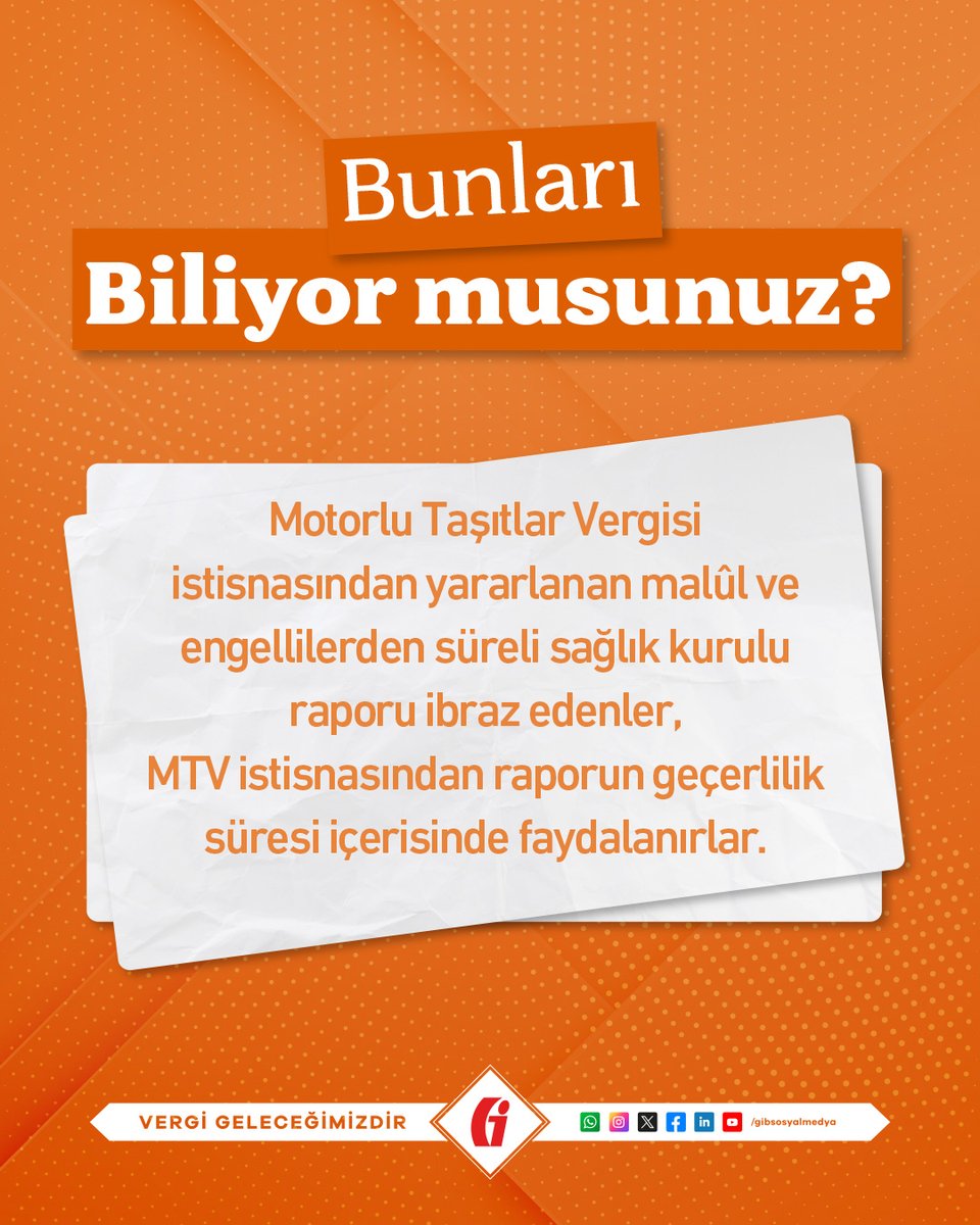 🤔 #BunlarıBiliyormusunuz

40 Seri No.lu Motorlu Taşıtlar Vergisi Genel Tebliğine göre, motorlu taşıtlar vergisi istisnasından yararlanan malûl ve engellilerden süreli sağlık kurulu raporu ibraz edenler, MTV istisnasından raporun geçerlilik süresi içerisinde