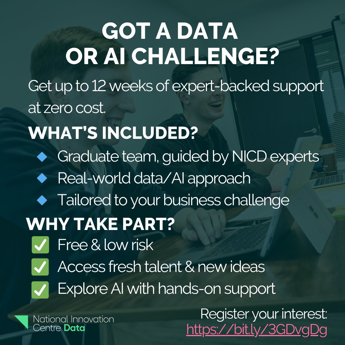 NICDATA's tweet image. Got a data or AI challenge but no time or budget to explore it?
We are looking for orgs to submit real-world challenges for our Collaborative Data Projects, part of the AI Traineeship Programme (funded by @SciTechgovuk).
✅No cost
📅Deadline: 1 Aug
🔗bit.ly/3GDvgDg