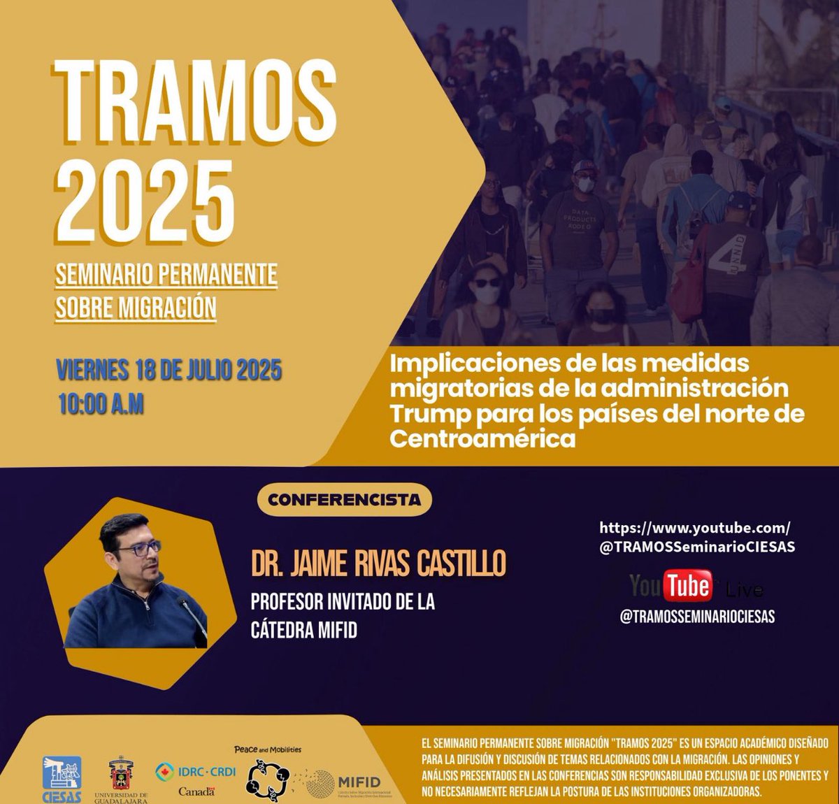 Join the IDRC Research Chair from Mexico for a webinar discussing the implications of the Trump administration’s immigration measures for the northern countries in Central America

🕚 10 AM CST (one hour from posting)
📍youtube.com/live/tBj8NUsKS…