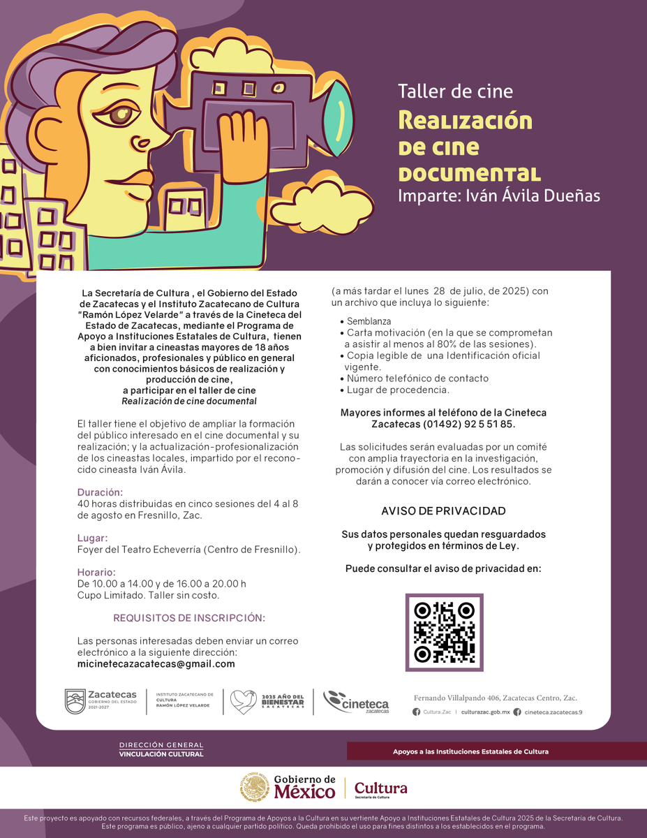 👥| Conoce los talleres gratuitos que el <a href="/GobiernoMX/">Gobierno de México</a>  a través del Programa de Apoyo a Instituciones Estatales de Cultura (AIEC), el #IZC y la <a href="/CinetecaZac/">Cineteca Zacatecas</a> , tienen para ti.

Consulta los detalles de los talleres en los carteles👇

#ZacatecasEsCultura
#PazEsBienestar🕊
