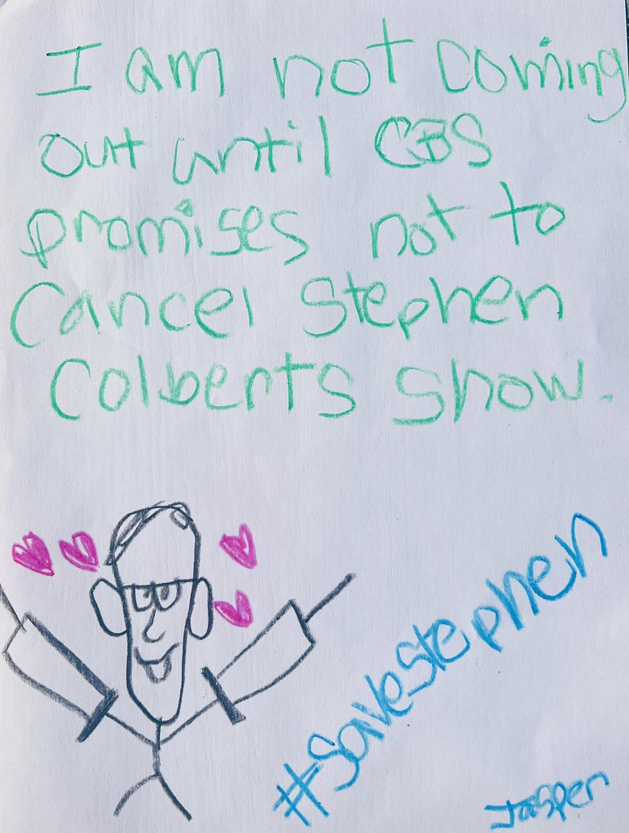 HollyBriden's tweet image. Our 8-year-old son Jasper slipped this note under his door this morning. He’s been sobbing since he heard about Stephen Colbert’s show being canceled. He’s refusing to eat or take his Ritalin and is threatening to drink his entire 2-liter Diet Mountain Dew. CBS is literally…