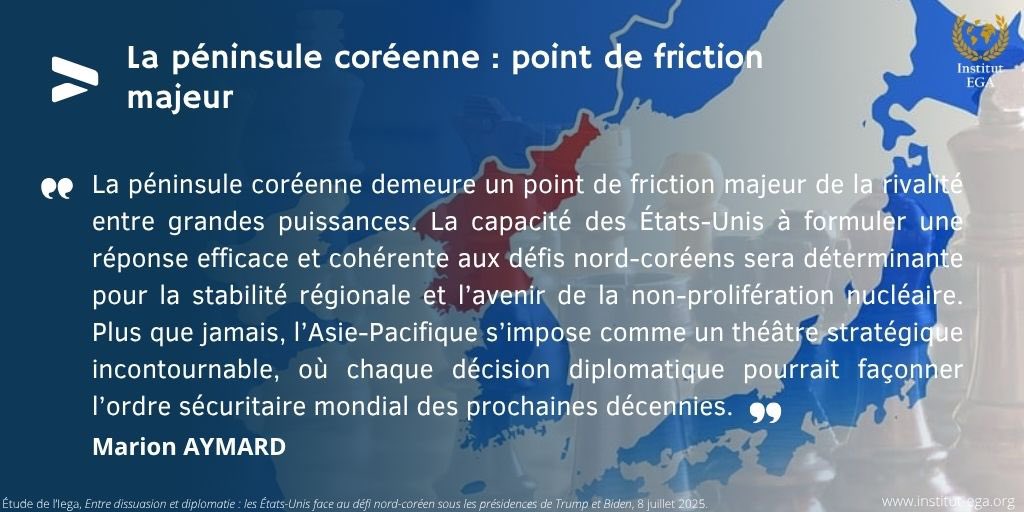 🌏 Alors que les tensions en Asie-Pacifique continuent de s’intensifier, la péninsule coréenne s’affirme plus que jamais comme un foyer stratégique de rivalités entre grandes puissances.

📄C’est l’objet de notre récente étude du 8 juillet dernier 👉 institut-ega.org/l/entre-dissua…