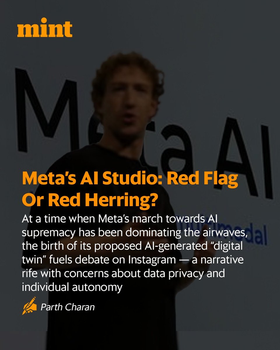 livemint's tweet image. CEO #MarkZuckerberg’s AI hiring blitz marks a major pivot towards AI-based solutions and the AI Studio appears to be one of the many ways in which Meta’s AI can affect the social media narrative.

Read more🔗: livemint.com/technology/met…

(@ParthCharan writes) | #MetaAIStudio #AI…