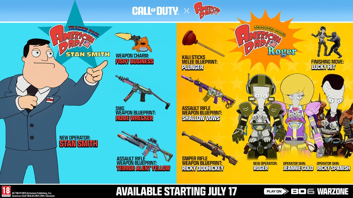 CallofDutyUK's tweet image. Be all that you can be with the American Dad! Bundle coming to Call of Duty 🫡 🇺🇸
👨👽 Stan Smith & Roger Operators
💪 New Weapon Blueprints
➕ More