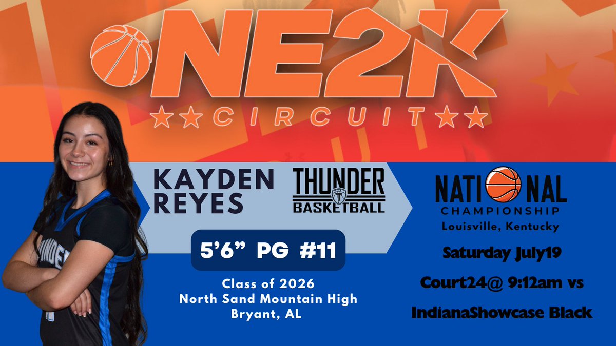 Kayden Reyes (@kayden_baller13) on Twitter photo Playing for the NE2K 2026 National Championship!! Game 1 is tomorrow at 9:12am on Court 24!! Look forward to seeing you courtside!!
<a href="/NE2KHoops/">NE2KHoops</a>
<a href="/pghalabama/">Prep Girls Hoops Alabama</a>
<a href="/thunderbballinc/">Thunderbball</a>
<a href="/LadyBisonHoops/">North Sand Mountain Lady Bison Basketball</a> Playing for the NE2K 2026 National Championship!! Game 1 is tomorrow at 9:12am on Court 24!! Look forward to seeing you courtside!!
<a href="/NE2KHoops/">NE2KHoops</a>
<a href="/pghalabama/">Prep Girls Hoops Alabama</a>
<a href="/thunderbballinc/">Thunderbball</a>
<a href="/LadyBisonHoops/">North Sand Mountain Lady Bison Basketball</a>
