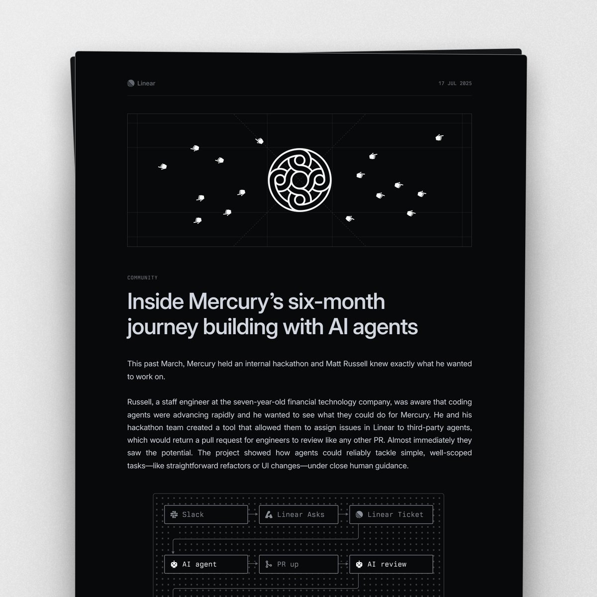 linear's tweet image. Agents are a new foundation for orchestrating product work across systems and workflows.
In this interview, @mercury shares how they've been using Linear for Agents to move faster, cut tech debt, and give internal teams more autonomy.
→ linear.app/blog/mercury-l…