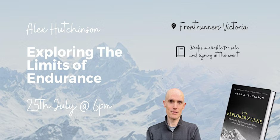 HarperCollinsCa's tweet image. Run, don’t walk! Join bestselling author Alex Hutchinson (@sweatscience) at @FrontrunnersVic on July 25 @ 6 PM PT for an interactive talk about his latest book, #TheExplorersGene! Reserve your spot here: bit.ly/45ZsW3X