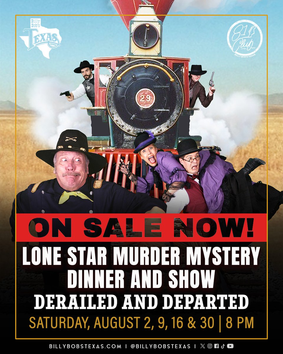BillyBobsTexas's tweet image. All aboard for a thrilling night of mystery, murder, and mayhem! Who’s guilty? 🕵️♂️ 👀 You’ll have to solve the crime before it’s too late. Don’t miss out – the train’s leaving soon! 🚂 Grab your tickets today!
🎟: bit.ly/DerailedandDep…