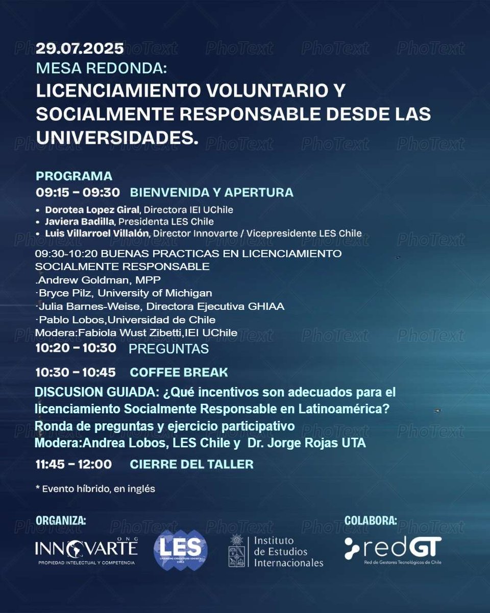 Mesa Redonda: Licenciamiento Voluntario y Socialmente Responsable desde las Universidades. 
Exploraremos cómo las universidades pueden impulsar una transferencia tecnológica equitativa mediante licencias voluntarias con enfoque social.
Link de inscripción
us06web.zoom.us/webinar/regist…