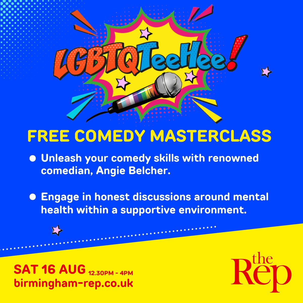 healthybrum's tweet image. The Rep’s ground-breaking project for the LGBTQ+ community returns! 🌈
In collaboration with our Creative Public Health Programme, @BirminghamRep is hosting a FREE Comedy Masterclass Sat 16 Aug at 12pm-4.30pm.
For more details & to sign up, visit: birmingham-rep.co.uk/whats-on/lgbtq…