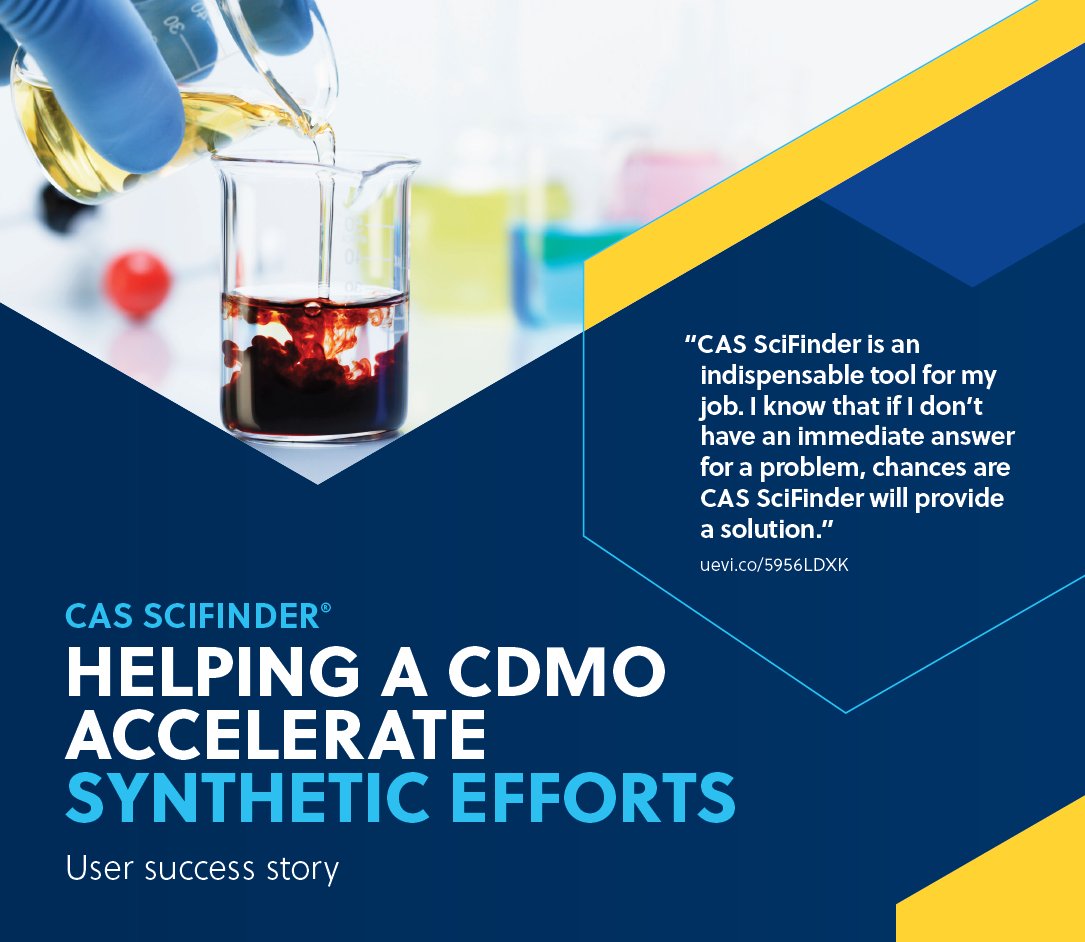 CASChemistry's tweet image. Faced with creating more effective synthesis plans, a CDMO executive turned to CAS SciFinder. Discover how this led to solutions for their synthesis challenges and improved productivity. ow.ly/XROR50WrpKE