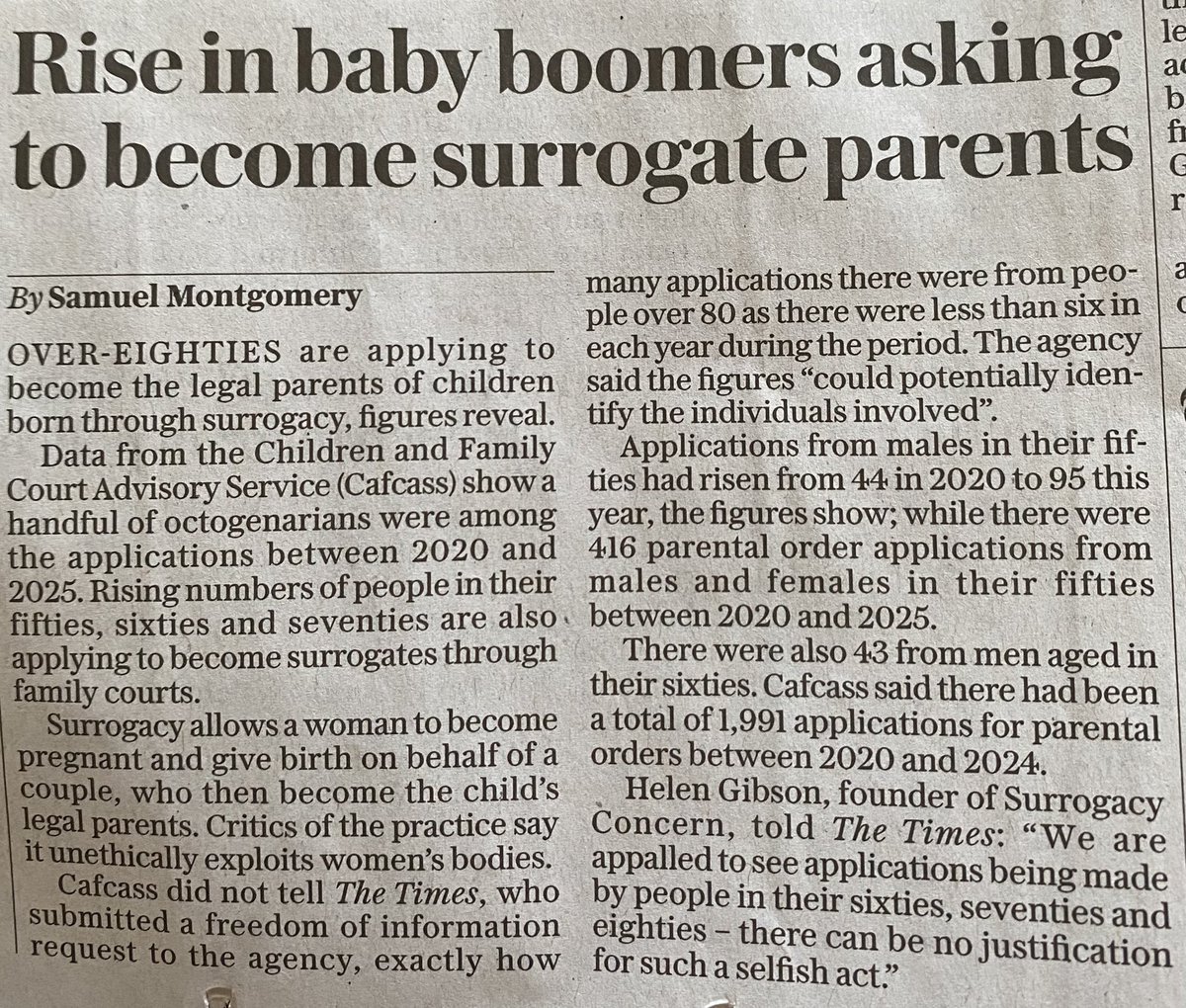 SurrogacyConcern (@surrogconcern) on Twitter photo Today we are quoted in <a href="/thetimes/">The Times and The Sunday Times</a> & <a href="/Telegraph/">The Telegraph</a> as it’s revealed the number of older people pursuing surrogacy is soaring.
People in their 60s, 70s, 80s are applying for parental orders for surrogate born babies. This despicable situation has gone far enough. Ban it now <a href="/DHSCgovuk/">Department of Health and Social Care</a> Today we are quoted in <a href="/thetimes/">The Times and The Sunday Times</a> & <a href="/Telegraph/">The Telegraph</a> as it’s revealed the number of older people pursuing surrogacy is soaring.
People in their 60s, 70s, 80s are applying for parental orders for surrogate born babies. This despicable situation has gone far enough. Ban it now <a href="/DHSCgovuk/">Department of Health and Social Care</a>