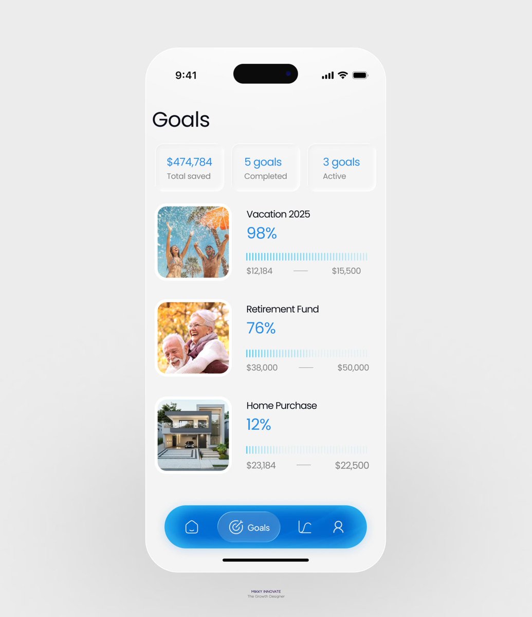Day 75/365 – Learning by Building✨
 Challenge: Users get distracted by heavy bottom navs and lose focus on goals. 
My approach: 
• Glass UI + visual hierarchy
 • Frosted nav fades to background 
• Clean focus on $474K progress 
• Less visual noise = more engagement