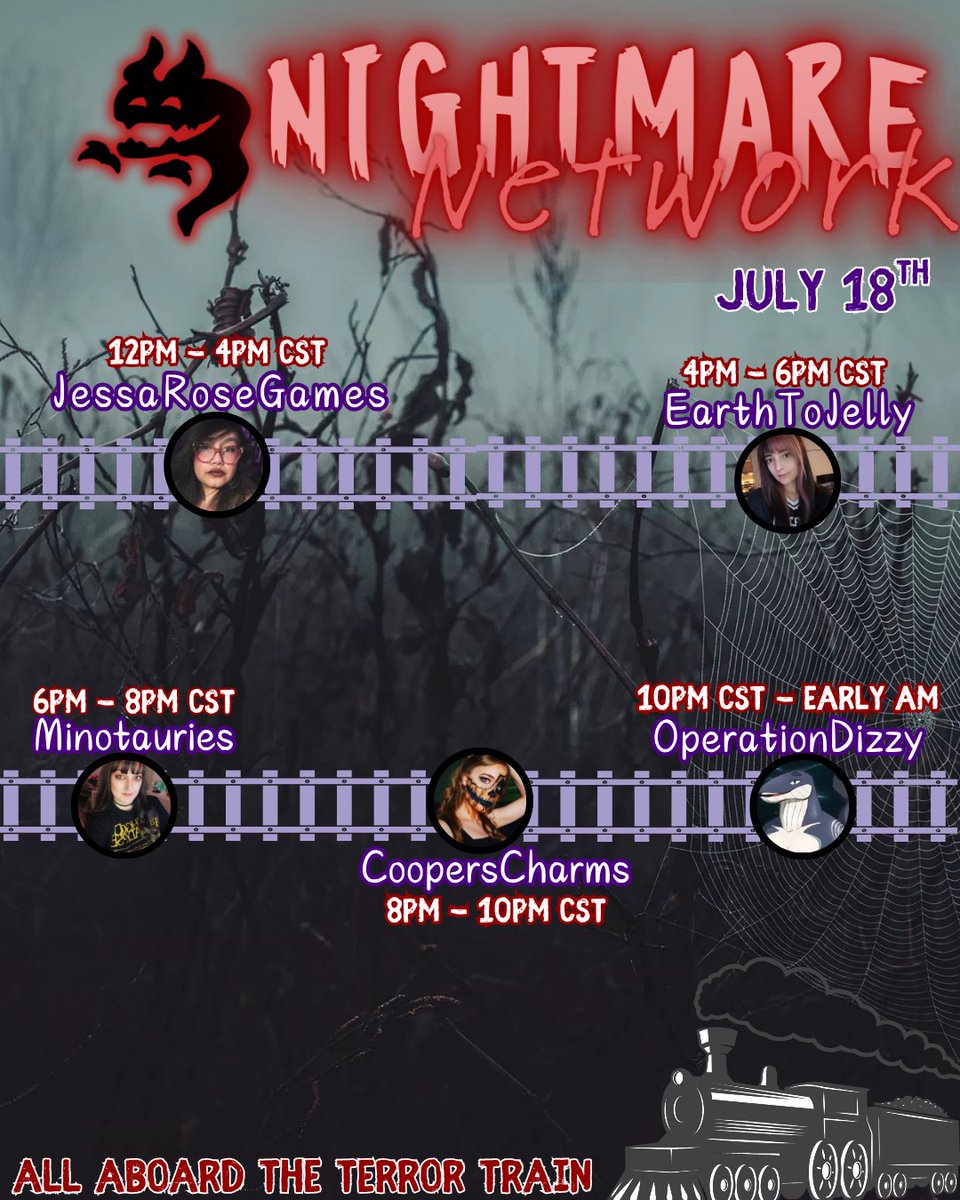 NghtMareNetWrk's tweet image. Nightmare Network is going on Slaycation.
The Terror Train is leaving the station.
There's no turning back, no final stop,
The summer of screams will never drop.
So grab your snacks & your favorite knife,
It's time for Slaycation to enter your life!🚂
🔪Terror Train Schedule🔪