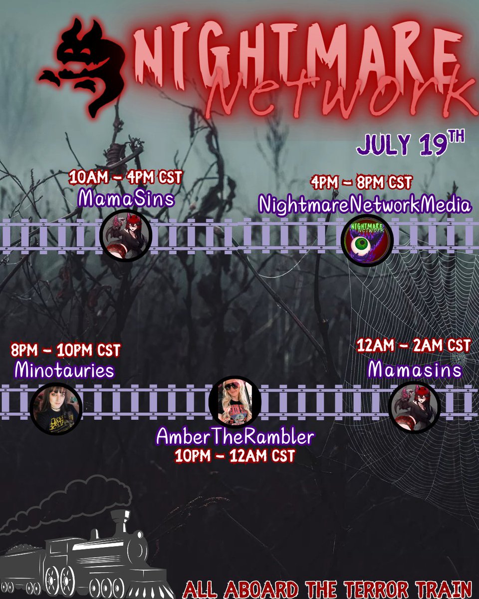 NghtMareNetWrk's tweet image. Nightmare Network is going on Slaycation.
The Terror Train is leaving the station.
There's no turning back, no final stop,
The summer of screams will never drop.
So grab your snacks & your favorite knife,
It's time for Slaycation to enter your life!🚂
🔪Terror Train Schedule🔪