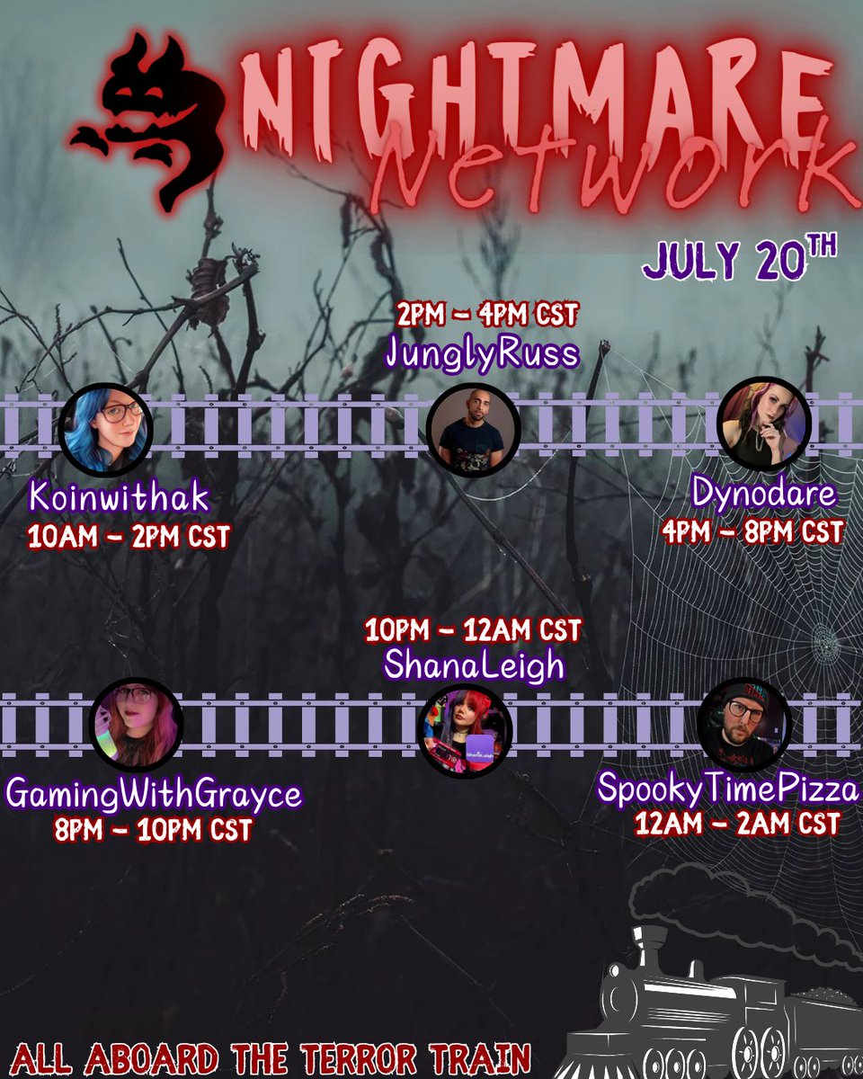 NghtMareNetWrk's tweet image. Nightmare Network is going on Slaycation.
The Terror Train is leaving the station.
There's no turning back, no final stop,
The summer of screams will never drop.
So grab your snacks & your favorite knife,
It's time for Slaycation to enter your life!🚂
🔪Terror Train Schedule🔪