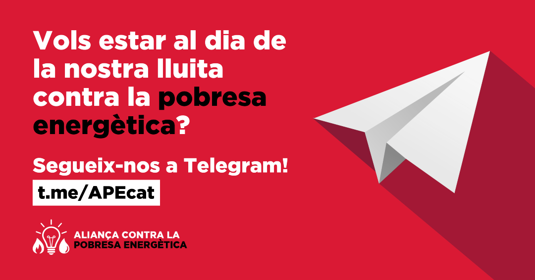 APE_Cat's tweet image. 📮 Les nostres accions, tota la informació sobre els assessoraments col·lectius, les últimes novetats sobre les mesures contra la pobresa energètica...
Tot això i molt més al nostre canal de Telegram.
Segueix-nos❗️
📲 f.mtr.cool/qxoaonymtl