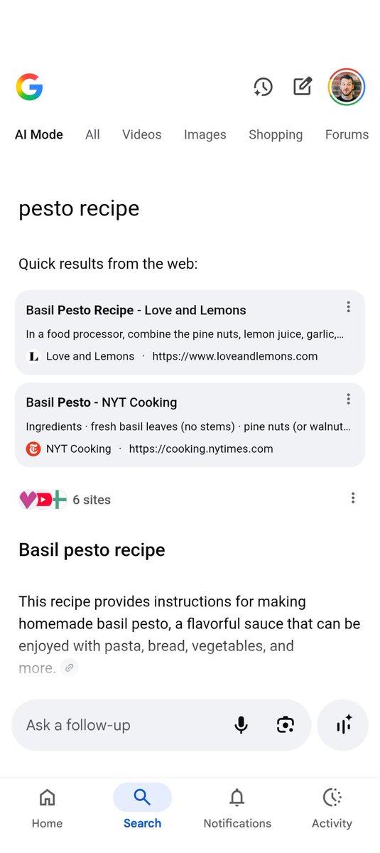 tomcritchlow's tweet image. This "quick results from the web" is new in AI mode right?