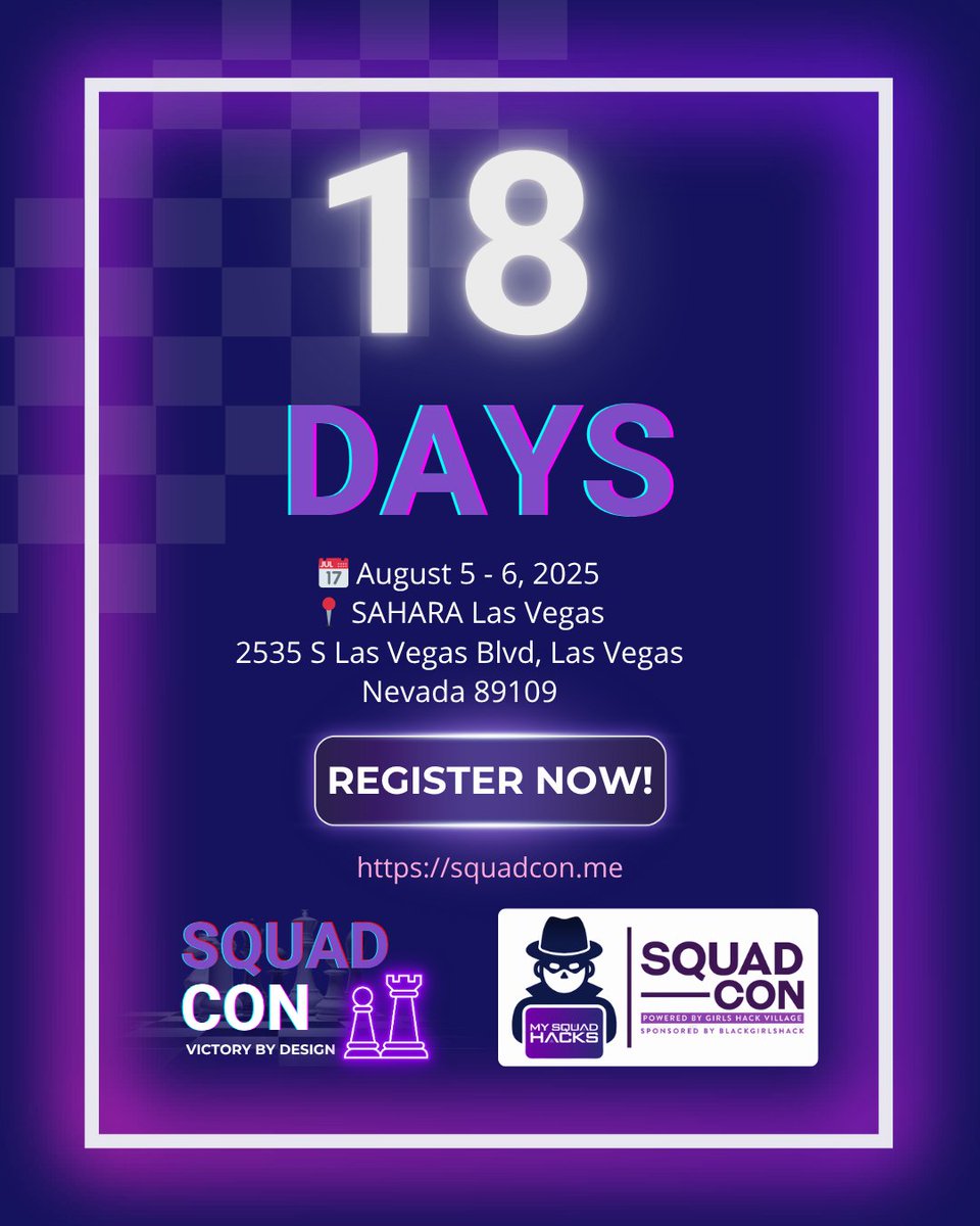 18 days until SquadCon. Two days of keynotes, hands-on workshops, and unmatched community in the heart of Hacker Summer Camp. If you’re trying to build something real in cyber, this is it.
🎟️ bgh.mobi/sctix