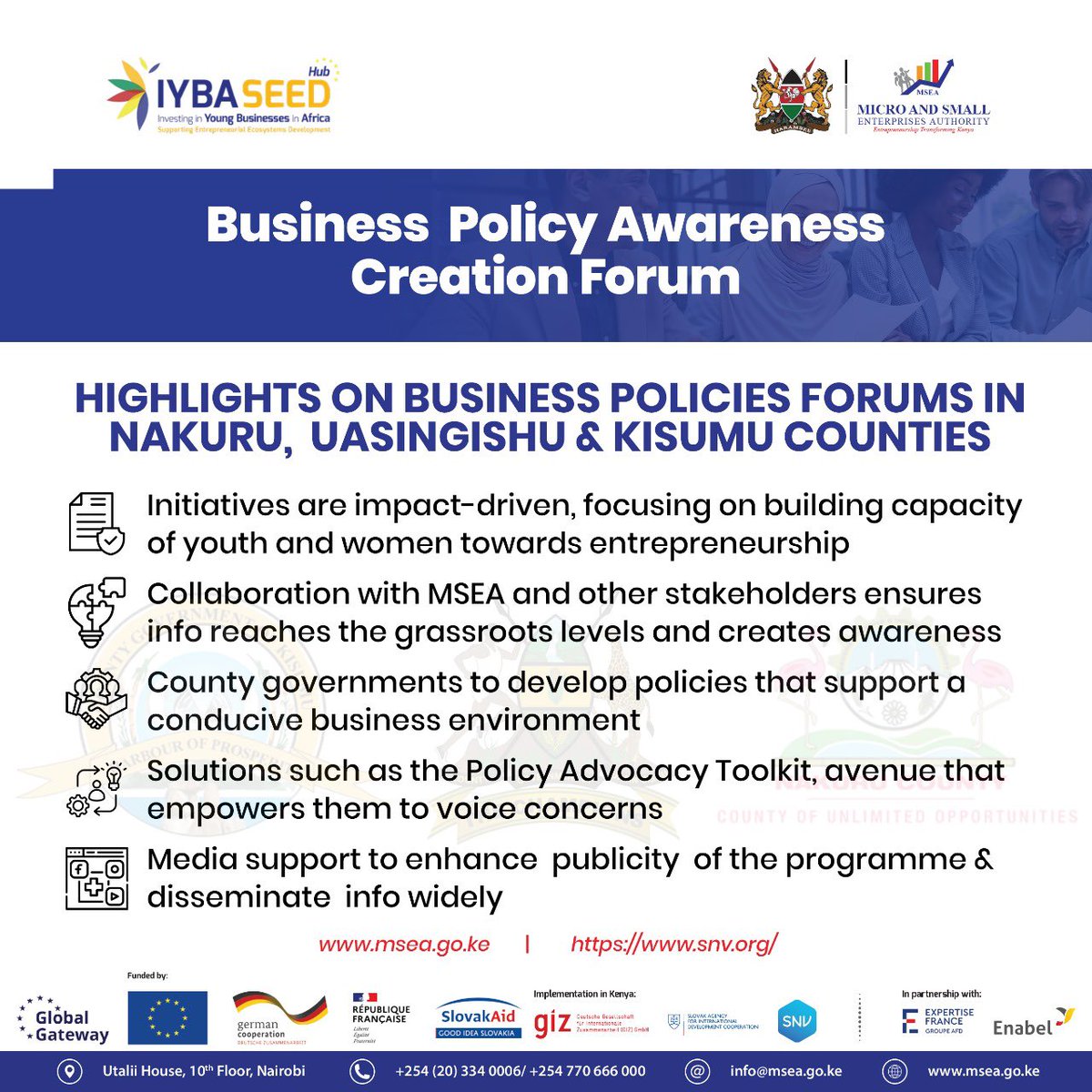 MSEA_Kenya's tweet photo. BUSINESS POLICY AWARENESS FORUMS ON MSME SUPPORT
Key Takeaways from the Business Policy Awareness Forums Held in Uasin Gishu, Kisumu, and Nakuru. #EmpoweringMSEs #SEEDProgram @DrOparanya @SusanAMangeni @CoopsandMSMEs @MSMEs_KE @JamesMureu @HRithaa @SNV_Kenya https://t.co/GHSaIyoe4O