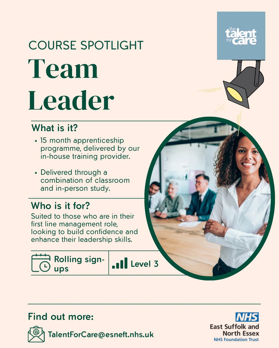 esneft_talent's tweet image. Apprenticeship Spotlight: Team Leader 🙋♀️
This apprenticeship is a popular choice for staff who are new to line management, or want to develop their skills 🚀
Could this be the course for you? Send us an email to find out more📧
#Apprenticeships #Leadership #NHSCareers