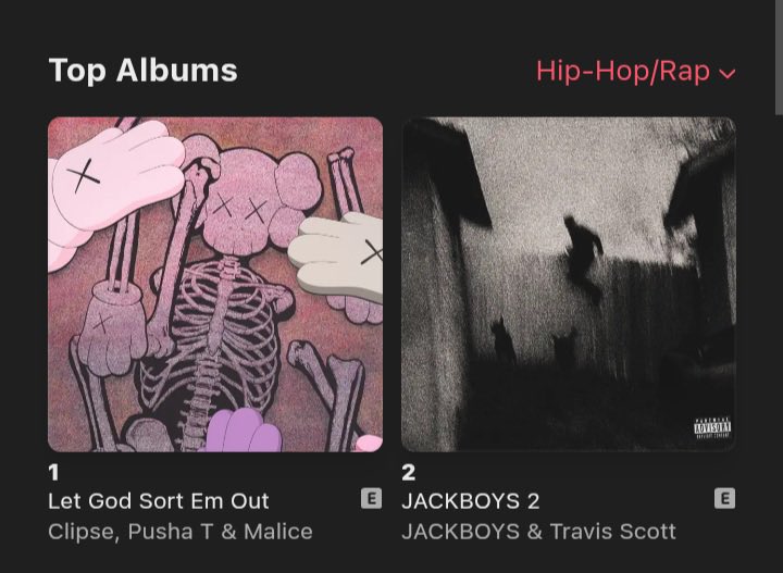 lenstopiaXX's tweet image. Travis Scott & Cactus Jack’s ‘JACKBOYS 2’ has been dethroned by Clipse’s ‘Let God Sort Em Out’ on US Apple Music, as they take the #1 spot on the charts.
Thoughts❓