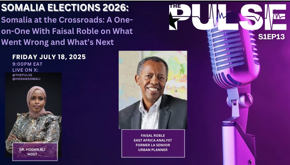 ThePulseSomalia's tweet image. We are excited to host a one-on-one conversation with @faisalroble19.
We will delve into various topics on Somalia from internal political challenges to regional politics impacting the region and a very complicated international relations.
Don't miss our LIVE program TONIGHT.…