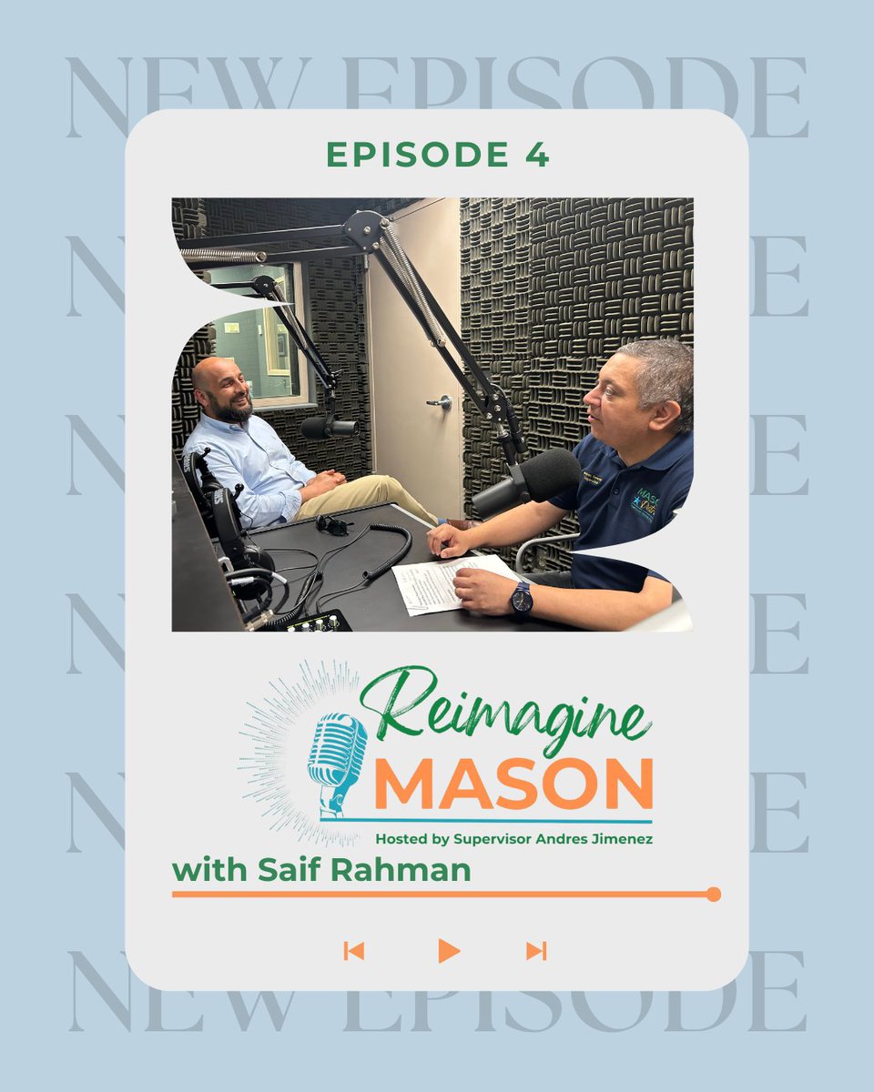 Mason District Supervisor Andres Jimenez (@masonsup_andres) on Twitter photo ๐๏ธ Reimagine Mason Ep. 4 is LIVE!
Saif Rahman joins us to talk youth leadership, public safety & building stronger communities.๐ง Listen: soundcloud.com/fairfaxcounty/โฆ
๐ Catch up on past episodes: fairfaxcounty.gov/mason/podcast
๐
New episodes drop every 2nd Friday starting in August! ๐๏ธ Reimagine Mason Ep. 4 is LIVE!
Saif Rahman joins us to talk youth leadership, public safety & building stronger communities.๐ง Listen: soundcloud.com/fairfaxcounty/โฆ
๐ Catch up on past episodes: fairfaxcounty.gov/mason/podcast
๐
New episodes drop every 2nd Friday starting in August!