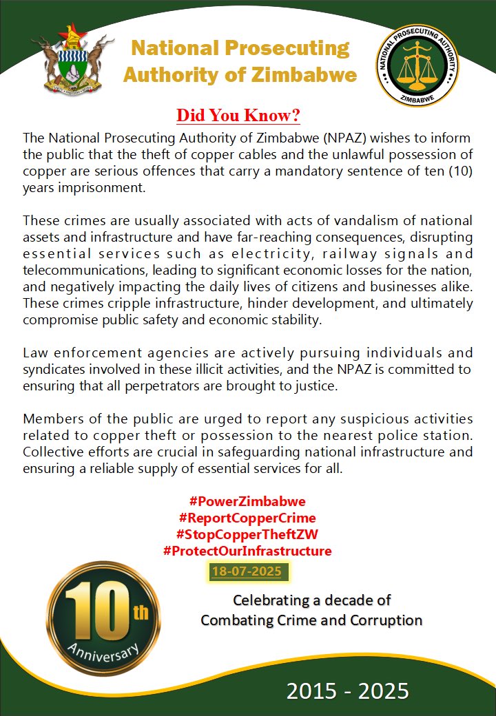 National Prosecuting Authority of Zimbabwe (@npazim) on Twitter photo Did you know?
#CombatingCrimeAndCorruption
<a href="/ZESAHOLDINGS_/">ZESA Holdings</a> <a href="/zetdc_official/">ZETDC_</a> <a href="/TelOneZW/">Tel·One</a> <a href="/NRZ263/">National Railways of Zimbabwe</a> <a href="/PoliceZimbabwe/">Zimbabwe Republic Police</a> <a href="/gwasbuz/">george swarei</a> Did you know?
#CombatingCrimeAndCorruption
<a href="/ZESAHOLDINGS_/">ZESA Holdings</a> <a href="/zetdc_official/">ZETDC_</a> <a href="/TelOneZW/">Tel·One</a> <a href="/NRZ263/">National Railways of Zimbabwe</a> <a href="/PoliceZimbabwe/">Zimbabwe Republic Police</a> <a href="/gwasbuz/">george swarei</a>