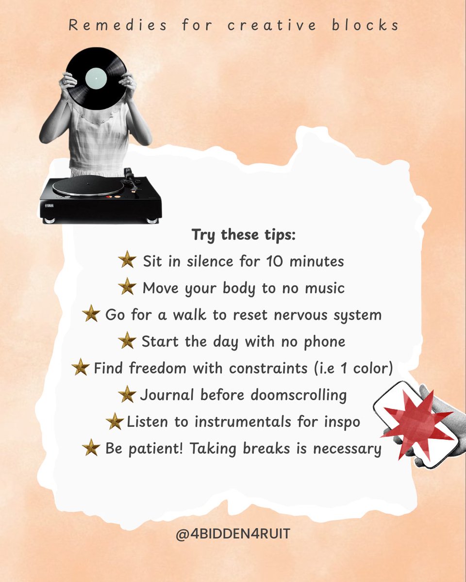 4bidden4ruit4's tweet image. Remedies for creative blocks (that actually work) 🌞🧡✨🧘🏽♀️🎨