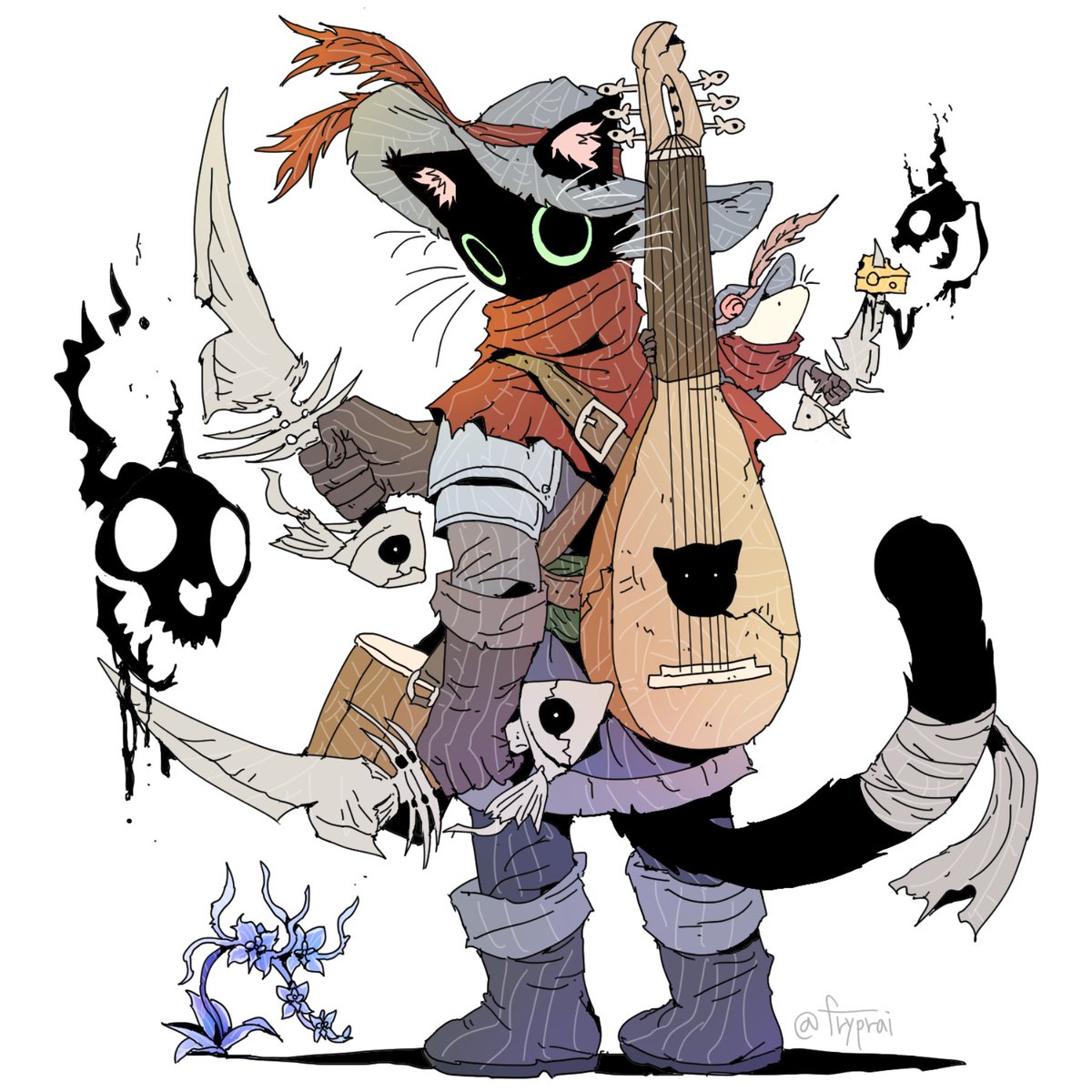 fryprai's tweet image. Battle bard cat with fishbone swords
#drawing