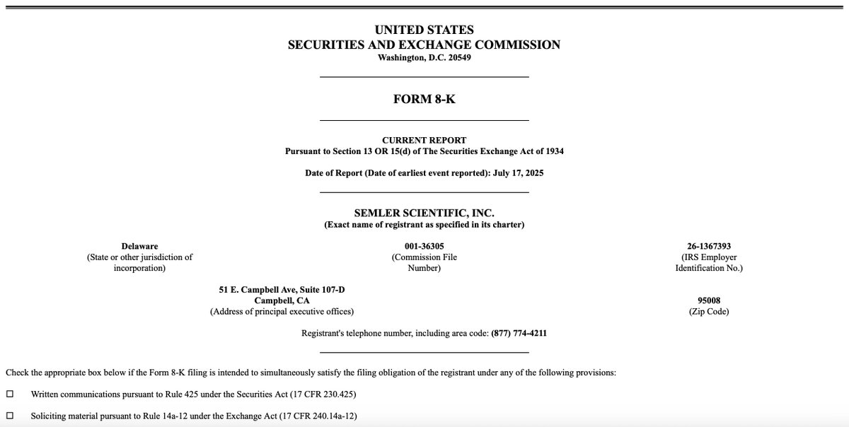🚨 BREAKING: Semler Scientific acquista 210 BTC per 25 milioni di dollari, aumentando le sue partecipazioni totali a 4.846 BTC del valore di circa 578 milioni di dollari.